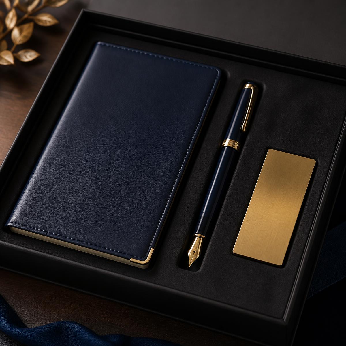 Premium corporate gift box with notebook and pen.
