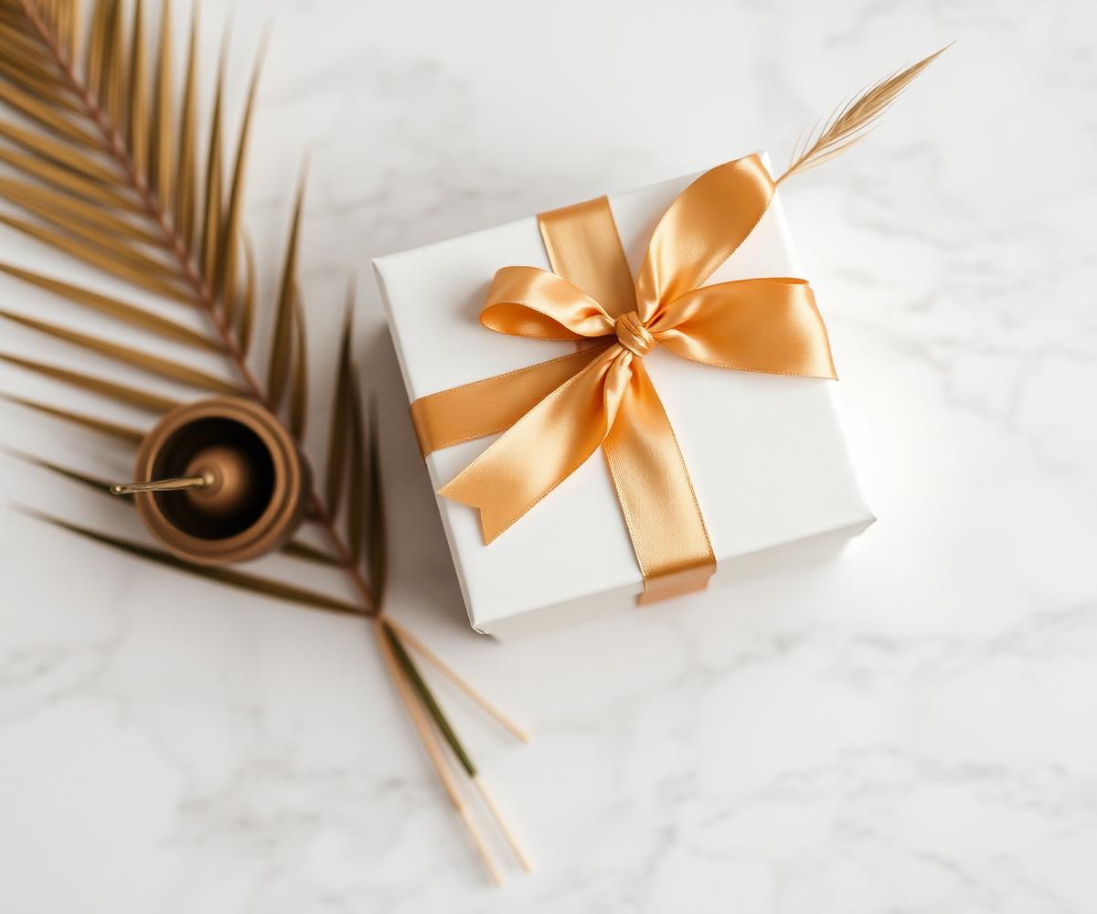 Wedding gift with palm leaves and brass burner.