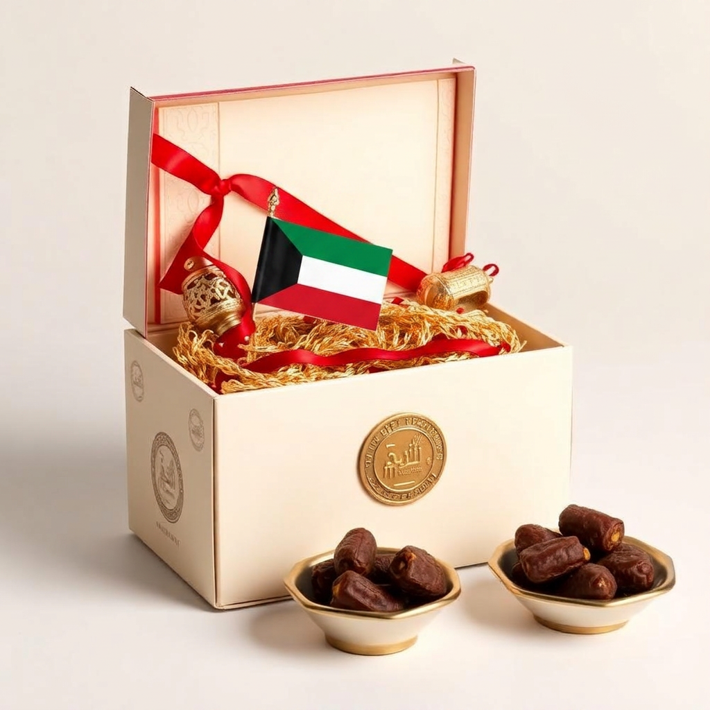 Kuwait National Day gift box with dates and flag.