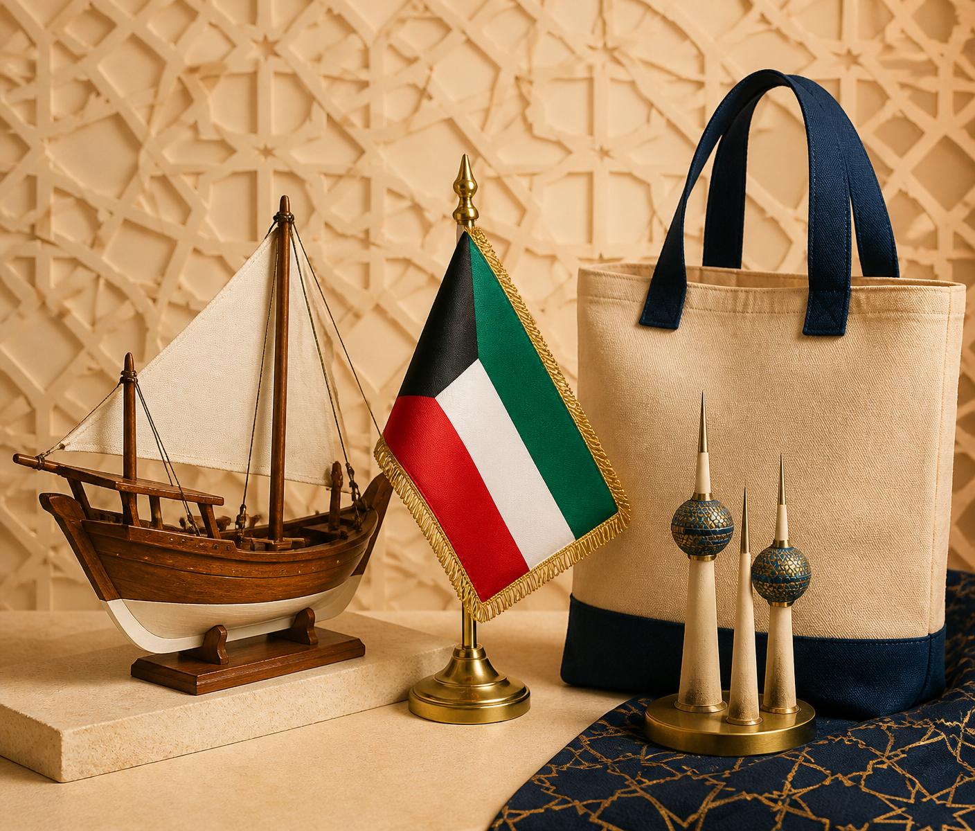 Dhow boat, Kuwait flag and tote arrangement.