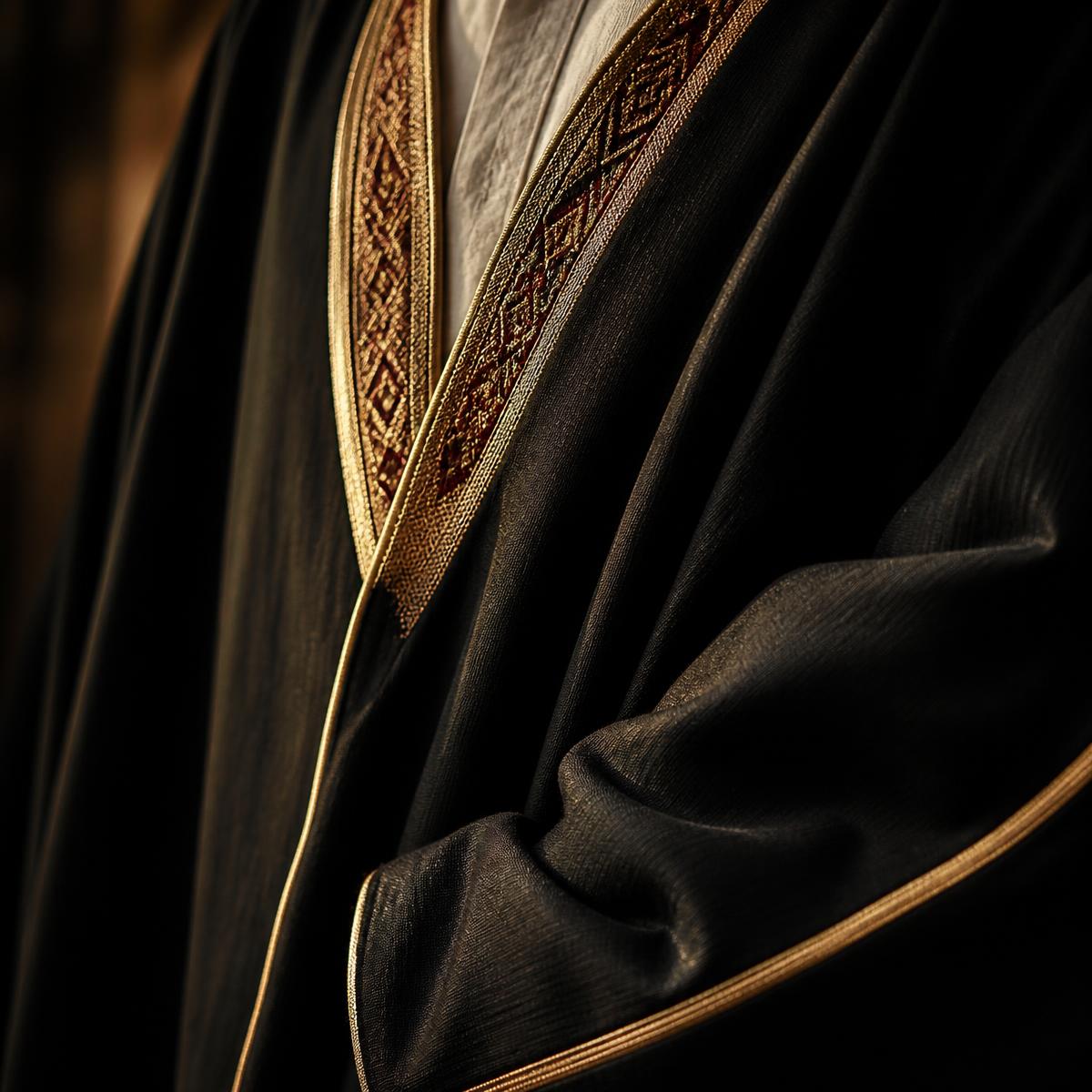 Close-up of a Kuwaiti bisht with gold embroidery.